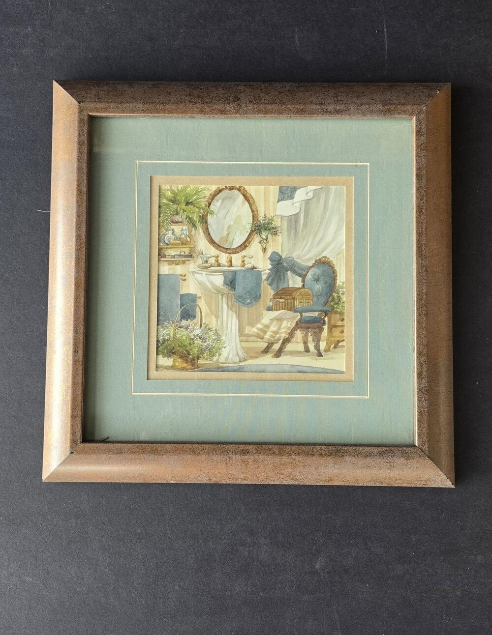 Patton Picture Co Blue Brown Bath Bathroom Print Framed Art Wall Decor 12x12